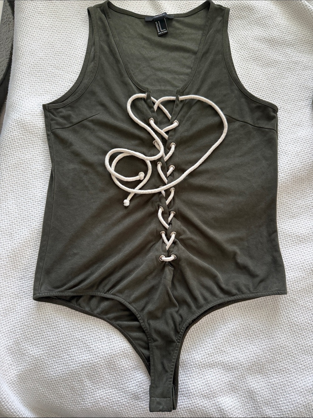 Forever 21 Olive Green Lace-Up Tank Bodysuit with Cream Drawcord